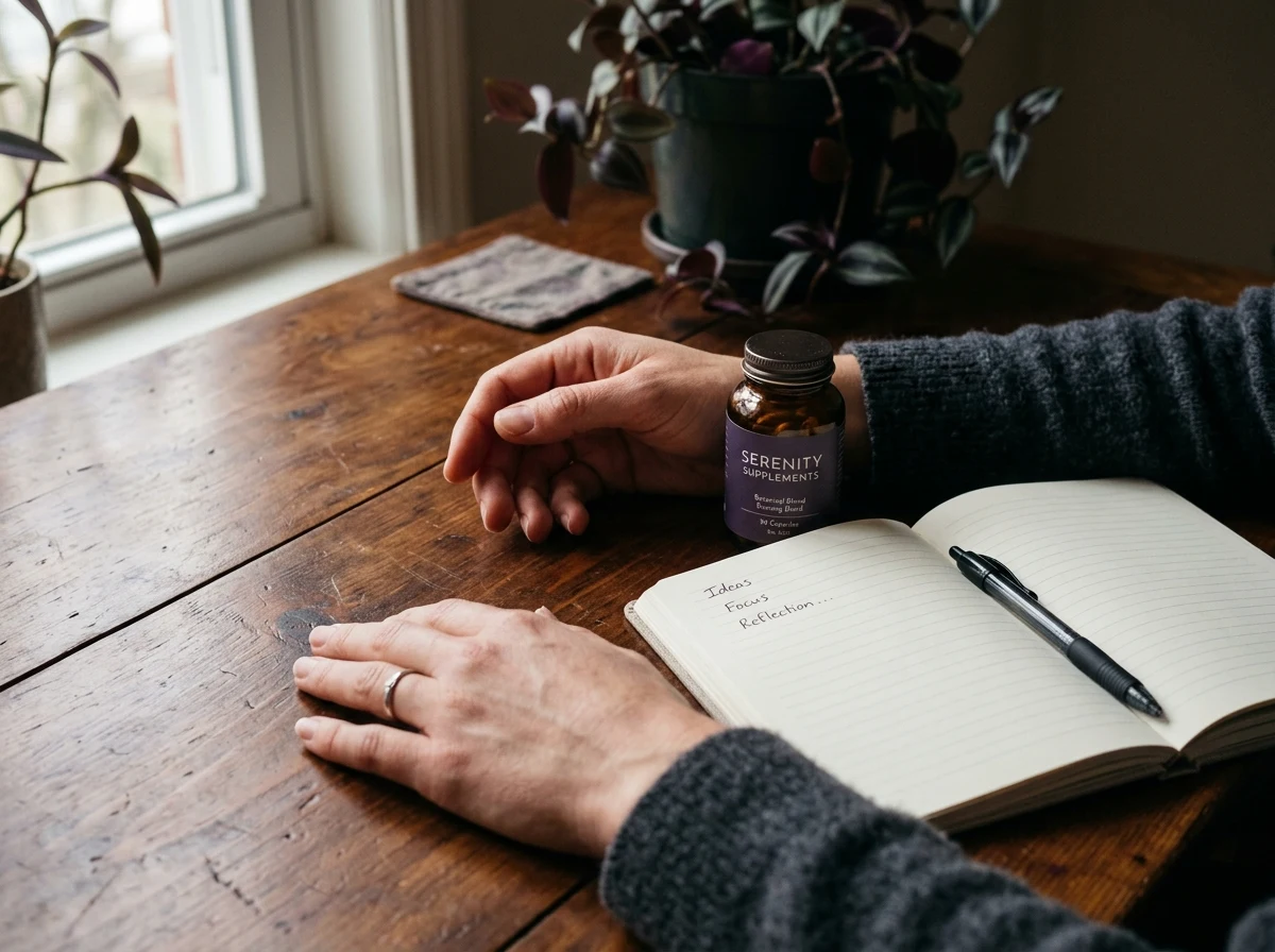 Handen van een voedingsredacteur aan bureau met notitieboek en supplement