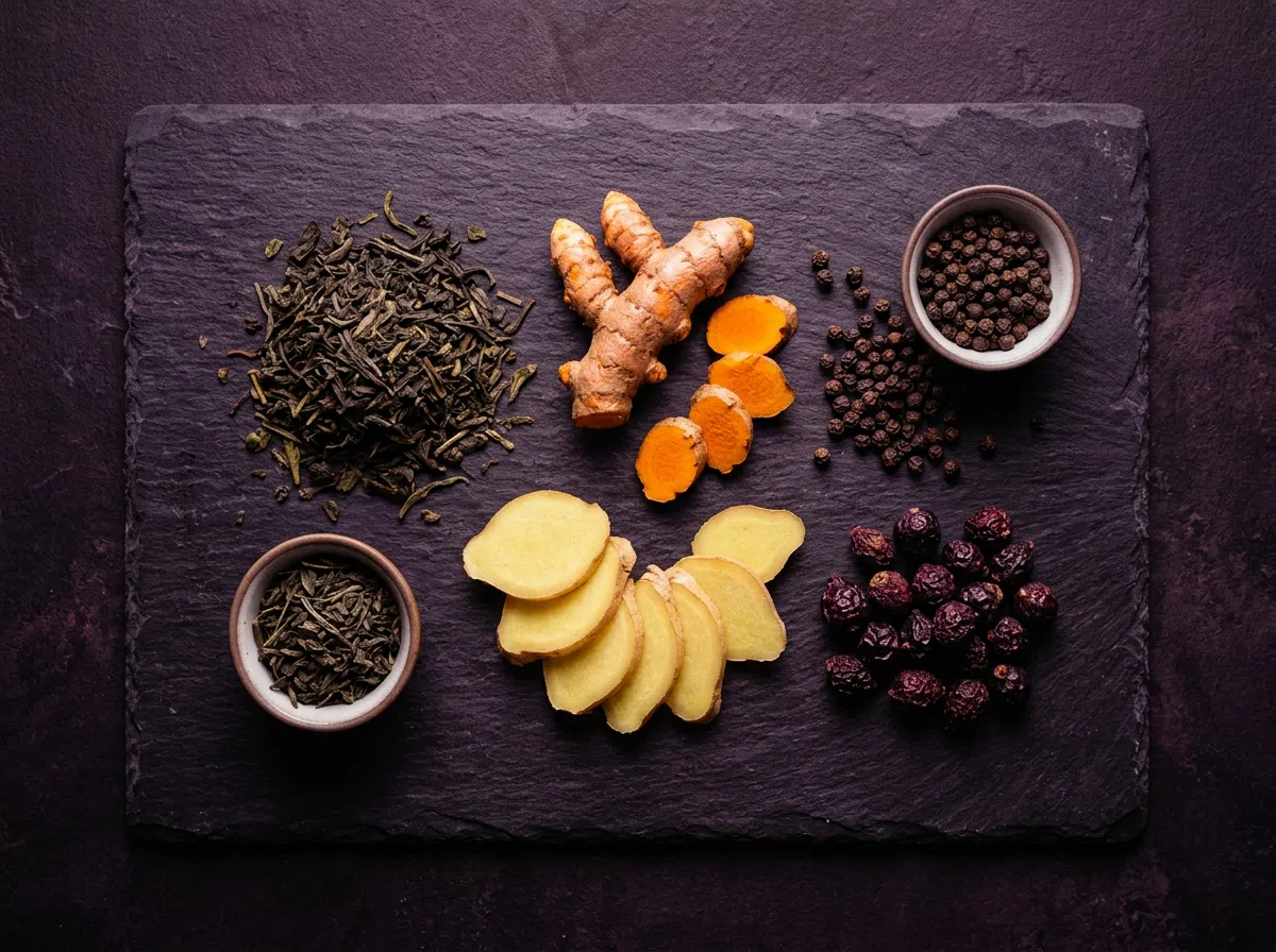 Botanische ingrediënten: groene thee, kurkuma, gember op donker leisteen